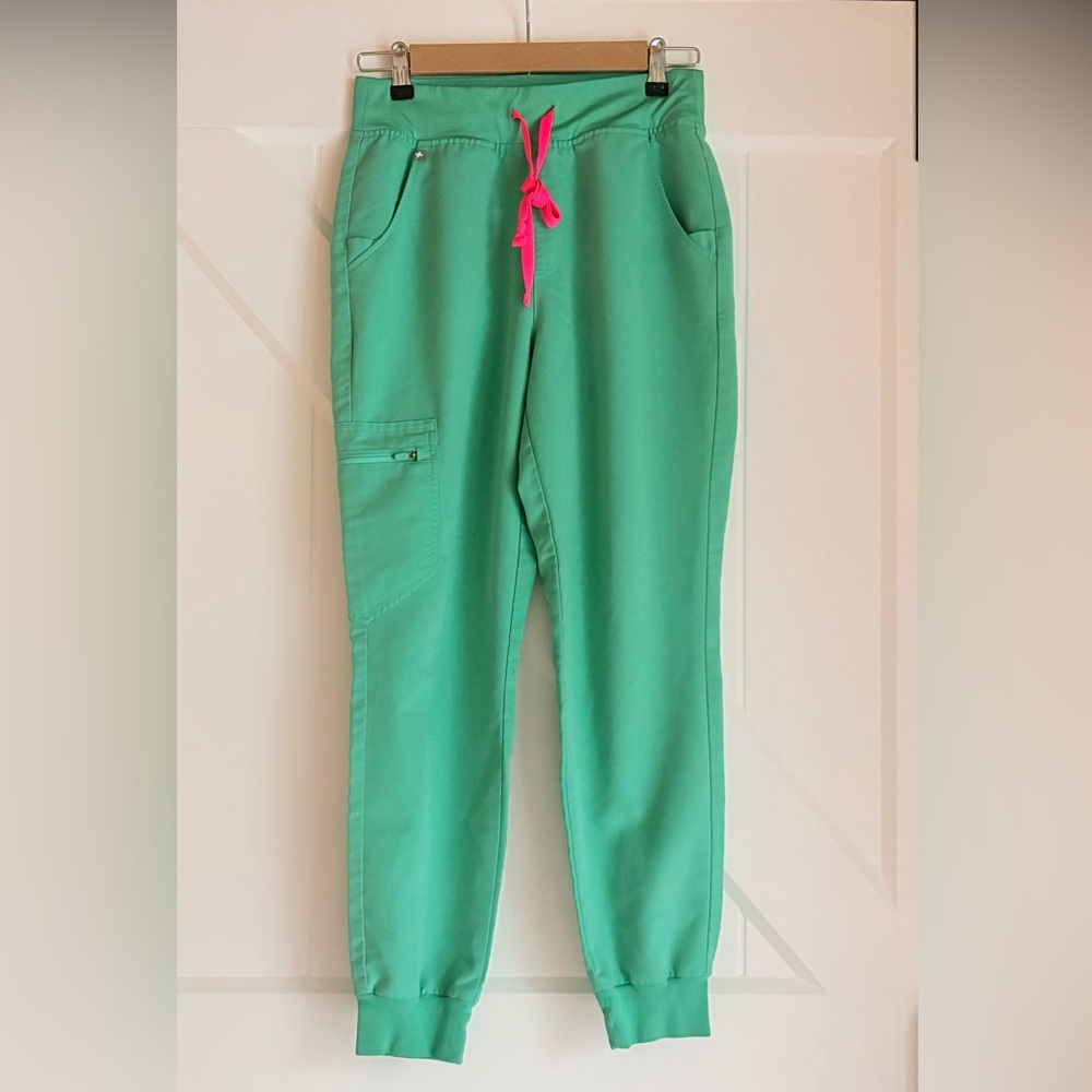 Figs Women's Mint Green Jogger Scrub Pants with Hot Pink Drawstring